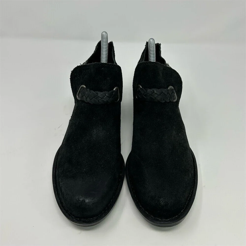 Born Sylvia Ankle Heeled Booties Black Braided Strap Buckle Back Zip Size 8